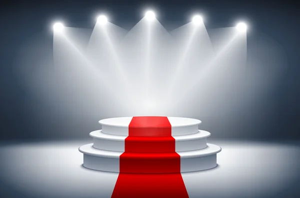 3d Illuminated stage podium with red carpet for award ceremony vector illustration — Stock Vector