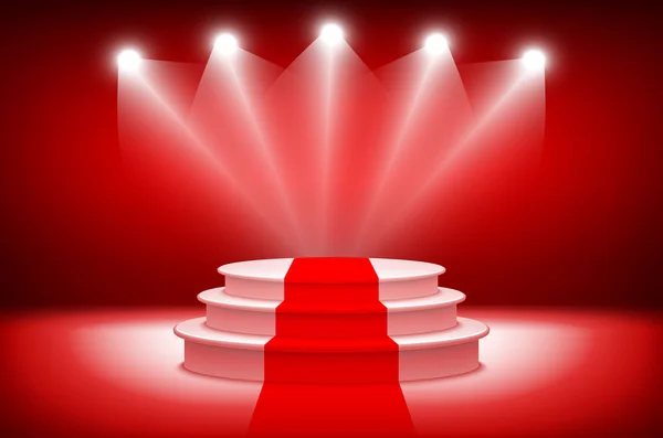 3d teatral background.scene y cortinas rojas. podio rojo sobre un fondo de cortinas de cortinas rojas. vector — Archivo Imágenes Vectoriales