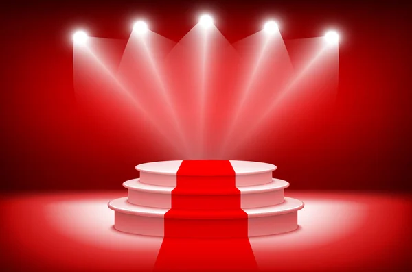 3d theatrical background.scene and red curtains. red podium on a background of red drape curtains. vector — Stock Vector