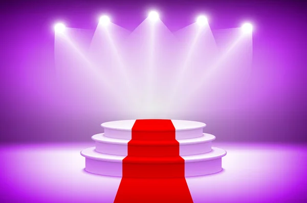 3d Purple Illuminated stage podium with red carpet for award ceremony vector illustration stage light background — Stock Vector