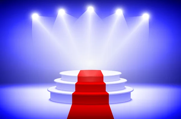 3d Illustration of Photorealistic Winner Podium Stage with Blue Stage Lights Background. Used for Product Placement, Presentations, Contest Stage. — Stock Vector