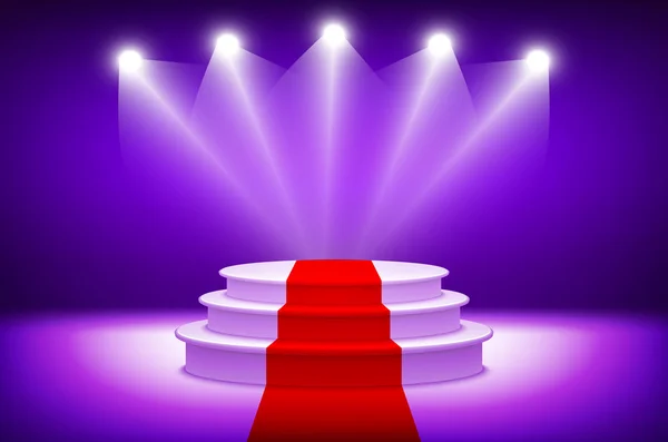 3d Empty illuminated white stage podium vector illustration with red carpet on violet background — Stock Vector