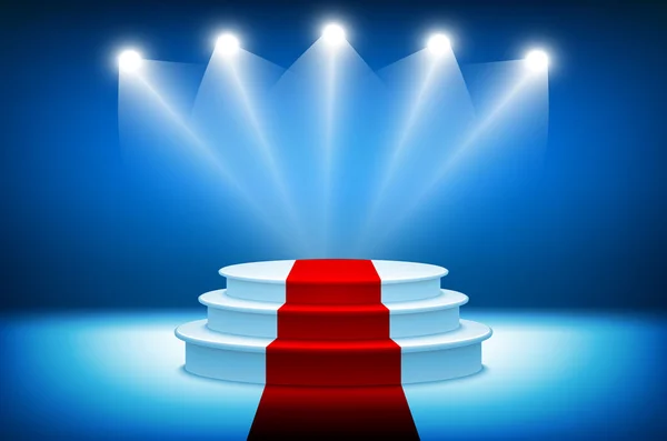 Ilustración 3d del ganador fotorrealista Podium Stage con fondo de luces de escenario azul. Utilizado para la colocación de productos, Presentaciones, Etapa de concurso . — Vector de stock