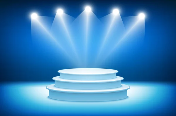 Ilustración 3d de escenario fotorrealista de podio con fondo de luces de escenario azul. Utilizado para la colocación de productos, Presentaciones, Etapa de concurso. Fondo de luz de escenario azul — Archivo Imágenes Vectoriales