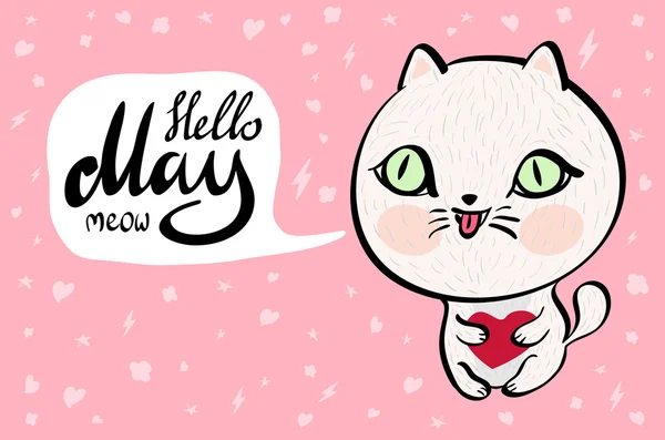 Gato de dibujos animados con pancarta Hello May meow. fondo. Ilustración vectorial . — Archivo Imágenes Vectoriales