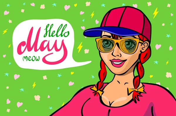 Red head girl with placard board and text Hello May isolated on white background — Stock Vector
