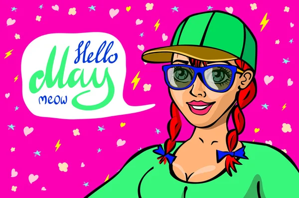 Red head girl with placard board and text Hello May isolated on green background — Stock Vector