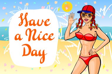 Cartoon Vector Girl welcomes on a Beach. Have a nice day vector Cartoon Vector Girl welcomes on a Beach. Have a nice day vector
