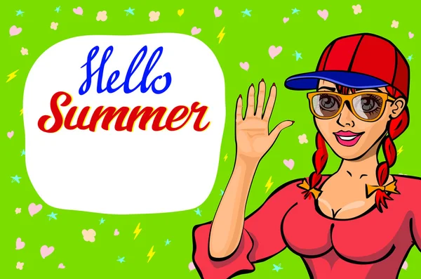 Hola tarjeta de felicitación de verano. chica saludando bienvenida. chica con gafas de sol. Feliz saludo de niño. Lindo personaje de dibujos animados riendo en vestido. Mujer sonriente. fondo Ilustración vectorial plana — Archivo Imágenes Vectoriales