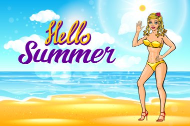 vektör. Genç ve güzel sarışın kız portresi gülümseyen açık yaz güneşli bikini modası. Merhaba yaz söyleyerek tropic ada tatil Sahilde
