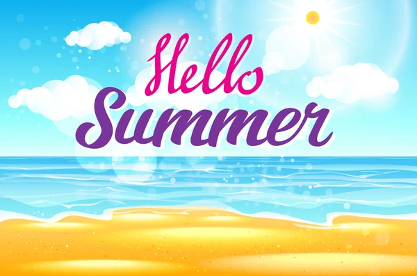여름 바다 가 배경이 되어 Hello to Summer 를 부르고 있다. 사기적 인 예 — 스톡 벡터