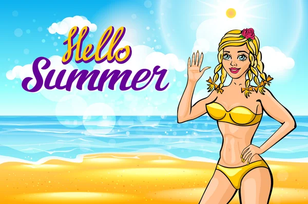 Vektor. Utomhus sommar solig bikini mode leende porträtt av ganska ung blond tjej. stranden på tropic ön semester säger Hej sommar — Stock vektor