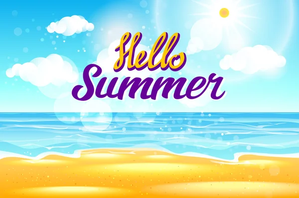 Sommer Meer Hintergrund mit Lettering Say Hello to Summer. Vektorillustration — Stockvektor