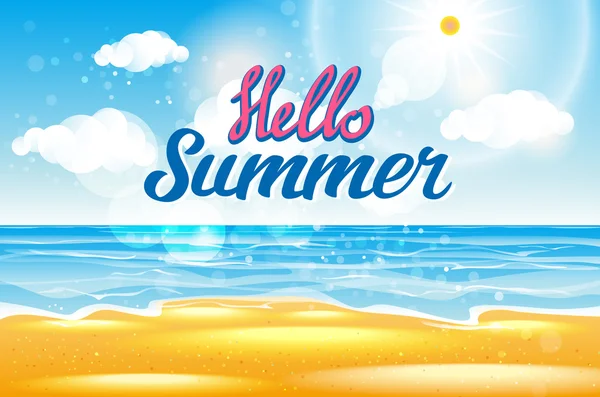 Summer Sea Background with Lettering Say Hello to Summer (dalam bahasa Inggris). Ilustrasi Vektor - Stok Vektor