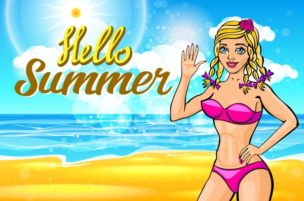 Kvinna på stranden. Vector blondin i en rosa bikini på en solig strand välkomnar dig. bokstäver Hej sommar — Stock vektor