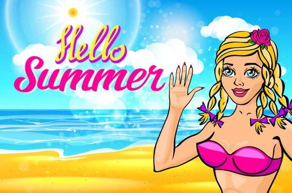 Γυναίκα στην παραλία. διάνυσμα ξανθιά σε ροζ μπικίνι σε μια ηλιόλουστη παραλία σας καλωσορίζει. Γεια σας καλοκαίρι γράμματα — Διανυσματικό Αρχείο
