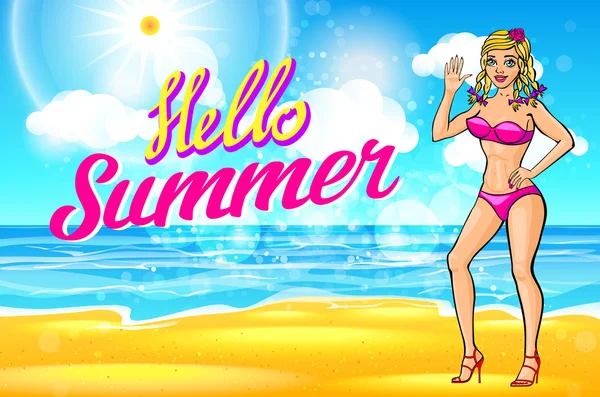 Woman on the beach. vector blonde in a pink bikini on a sunny beach welcomes you. lettering Hello Summer — Stock Vector