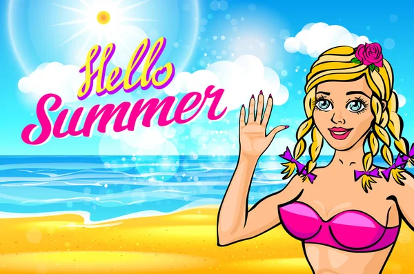 Vrouw aan het strand. vector blonde in een roze bikini op een zonnig strand heet u welkom. Hallo zomer belettering — Stockvector