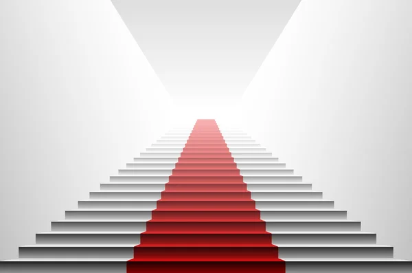 3d imagen de alfombra roja en escalera blanca. escaleras rojo — Vector de stock