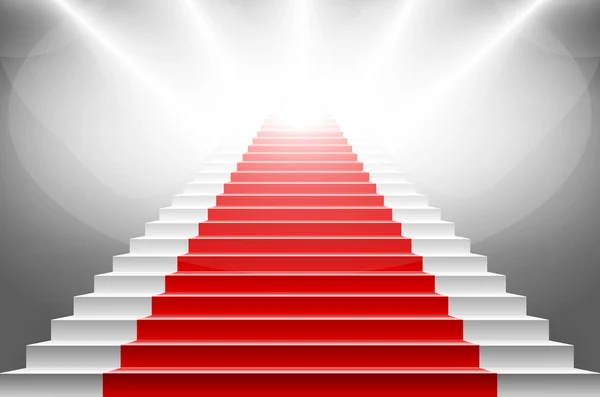 Schodiště pokryté červený koberec. scéna osvětlena reflektor — Stockový vektor