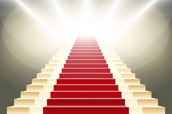 Escaleras cubiertas con alfombra roja. Escena iluminada por un proyector — Vector de stock