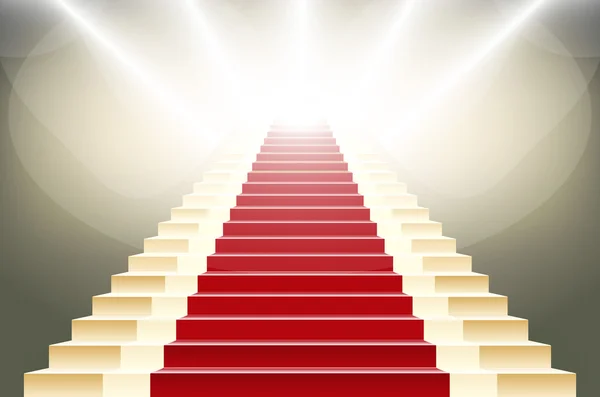 Stairs covered with red carpet. Scene illuminated by a spotlight — Stock Vector