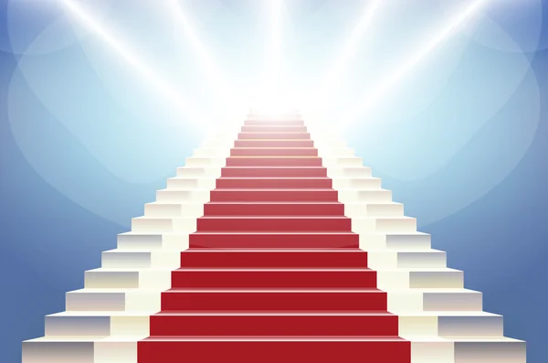 Stairs covered with red carpet. Scene illuminated by a spotlight — Stock Vector