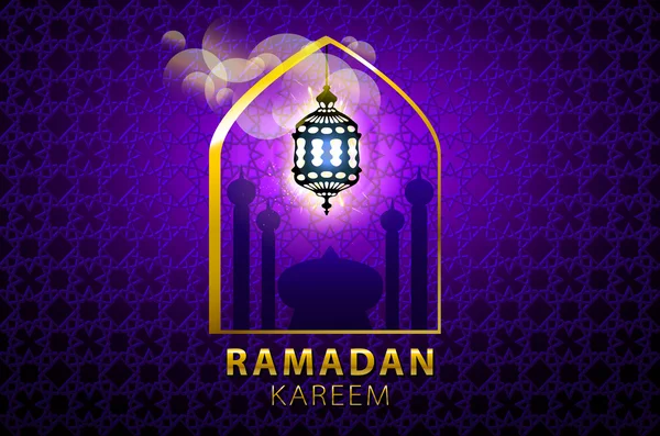 Ramadan greeting card on violet background. Vector illustration. Ramadan Kareem means Ramadan is generous. — Stock Vector