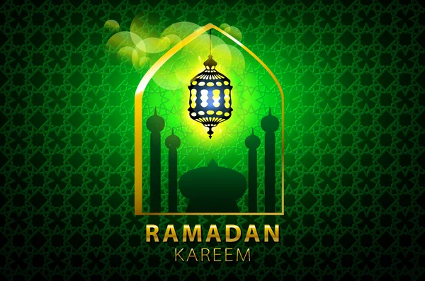 Plakát, banner nebo leták s siluetou mešity na lesklém zeleném pozadí svatého měsíce muslimské komunity Ramadan Kareem. — Stockový vektor