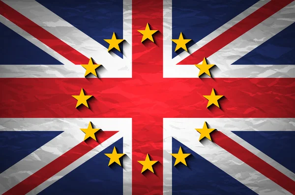 弄皱的纸背景的 2016年全民投票组合联合王国和欧洲联盟的标志。老式的影响 brexit — 图库矢量图片