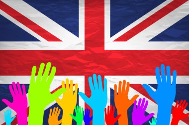 Açık el kaldırdı, çok amaçlı kavram, İngiltere Birleşik Krallık bayrağı beyaz arka plan üzerine izole boyalı