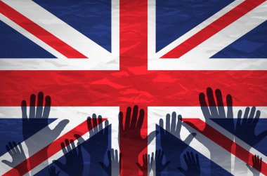 Açık el kaldırdı, çok amaçlı kavram, İngiltere Birleşik Krallık bayrağı beyaz arka plan üzerine izole boyalı