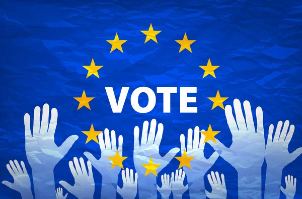 Изображение рук на фоне европейского флага. Сделай выбор. Голосуйте. Голосуйте за Европу — стоковый вектор