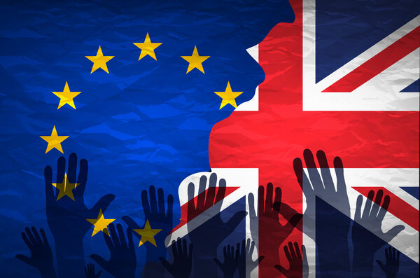 Ручной узор с флагом Европейского Сообщества обволакивает другую руку с флагом Соединенного Королевства
