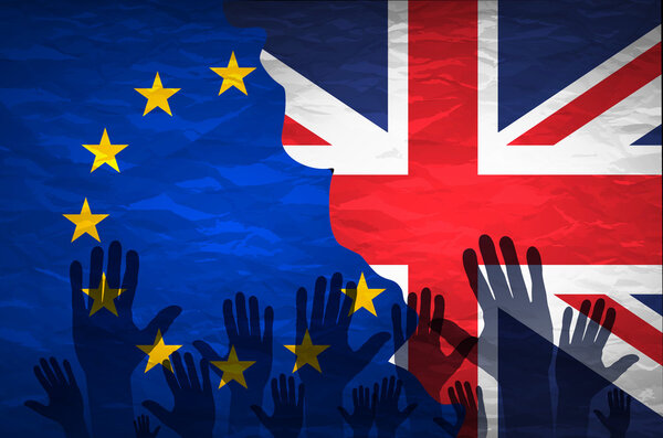 Ручной узор с флагом Европейского Сообщества обволакивает другую руку с флагом Соединенного Королевства
