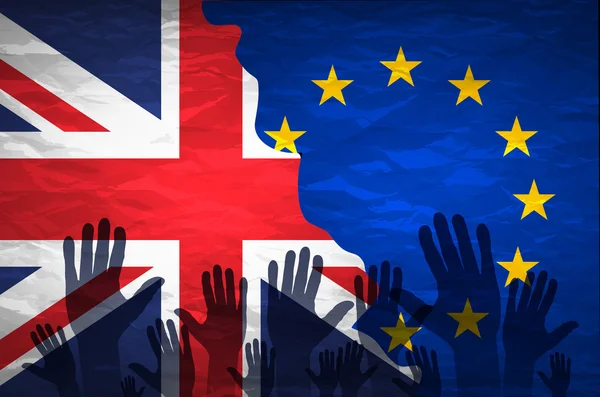 Mano modelada con la bandera de la Comunidad Europea envuelve otra mano modelada con la bandera del Reino Unido — Vector de stock
