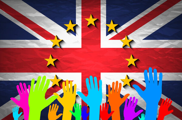 Изображение относительно политических отношений между Европейским Союзом и Великобританией. Национальные флаги на конкретном текстурированном фоне. Брексит
