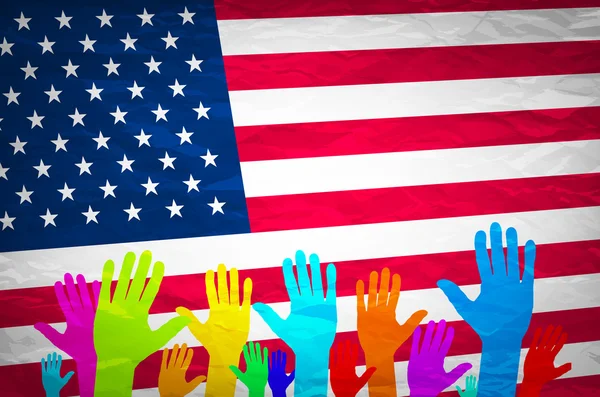 Hand with USA flag. Grunge USA Flag. american, america, symbol, national, background, — Stock Vector
