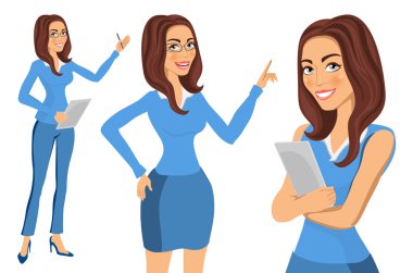 Beyaz izole resmi mavi giysiler içinde iş bayan veya profesör Vektör illüstrasyon. Esmer kadın belge tutan .