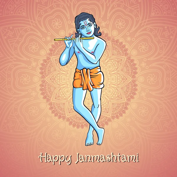 Krishna flüt çalmaya. Arka planı janamashtmi kutlamaları mandala Hint Festivali için vektör çizim — Stok Vektör