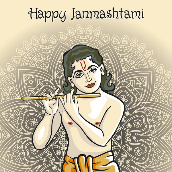 O jovem deus hindu Lord Krishna. vector feliz janmashtami — Vetor de Stock
