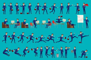 Happy ofis adamı. Vektör illüstrasyon. İşadamı karakterleri kümesi pozlar, eps10 vektör formatı
