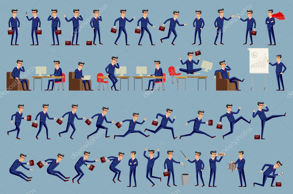 Large vector set of businessman character poses, gestures and actions. Office worker professional standing, walking, talking on phone, working, running, jumping, searching, and more. Stock Vector Image by ©@ #117058588 Large vector set of businessman character poses, gestures and actions. Office worker professional standing, walking, talking on phone, working, running, jumping, searching, and more. Stock Vector Image by ©@ #117058588
