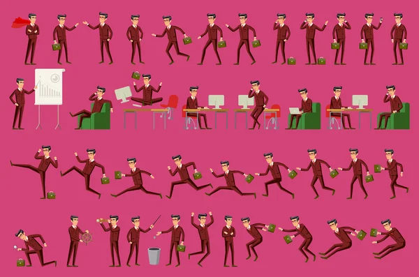 İşadamı karakter pozlar, jestler ve eylemler büyük vektör kümesi. Ofis çalışanı profesyonel ayakta, yürüyüş, telefonda konuşma, çalışma, çalışan, atlama, arama ve daha fazlası.
