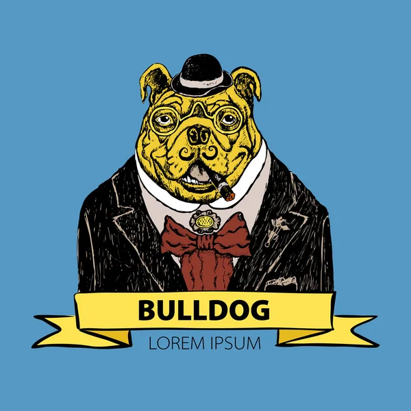 Hand dras mode Illustration av Fransk Bulldog Hipster i färger vector — Stock vektor