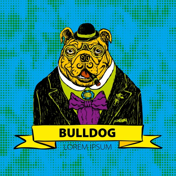 Ilustração de moda desenhada à mão de Bulldog Hipster francês em vetor de cores — Vetor de Stock