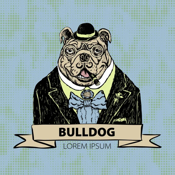 Hand dras mode Illustration av Fransk Bulldog Hipster i färger vector — Stock vektor