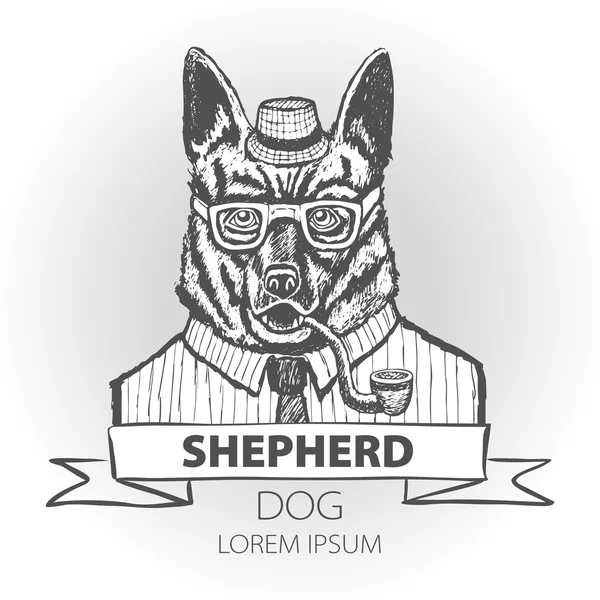 German dog Shepherd hipster smokes a pipe in a headdress Illustration vector — Stock Vector