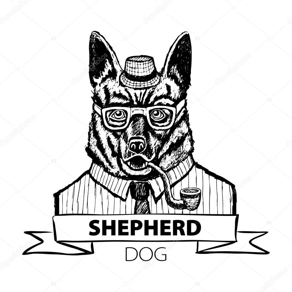 German dog Shepherd hipster smokes a pipe in a headdress Illustration vector art