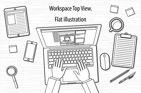 Linie Business Office Arbeitsplatzmöbel. Konzept des Webseiten-Headers, SEO, Desktop-Ansicht, Website ui, Finanzbericht. isoliert auf weißem Hintergrund. Linearer Stil Trend Logo Design Vektor Illustration — Stockvektor